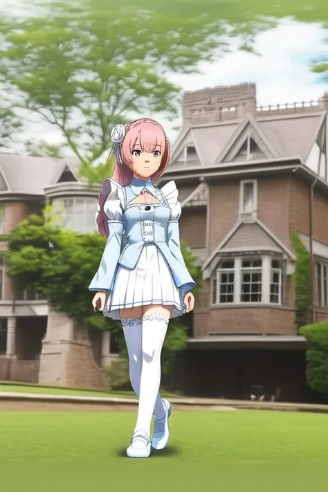 anime girl in a blue dress walking in front of a house