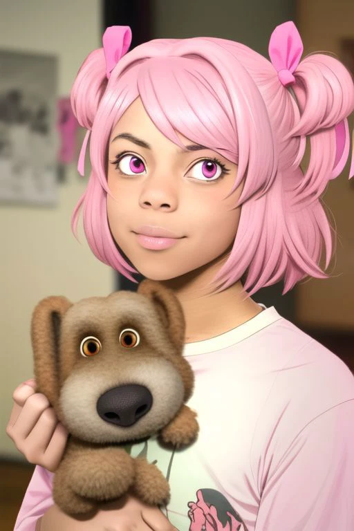 arafed girl with pink hair holding a stuffed dog