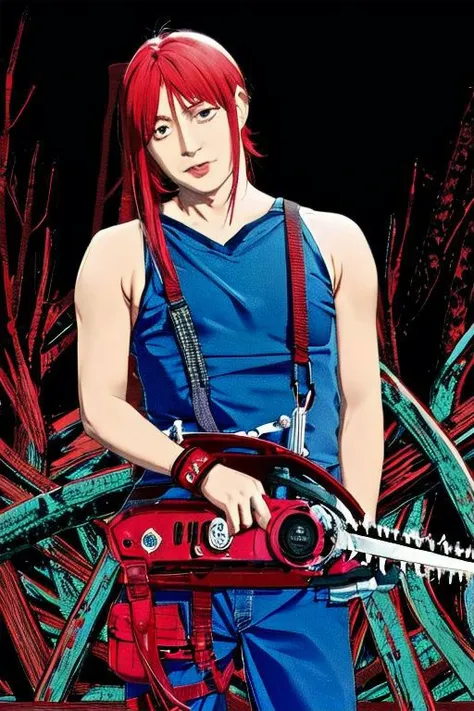 anime girl with red hair holding a chainsaw in front of a pile of junk