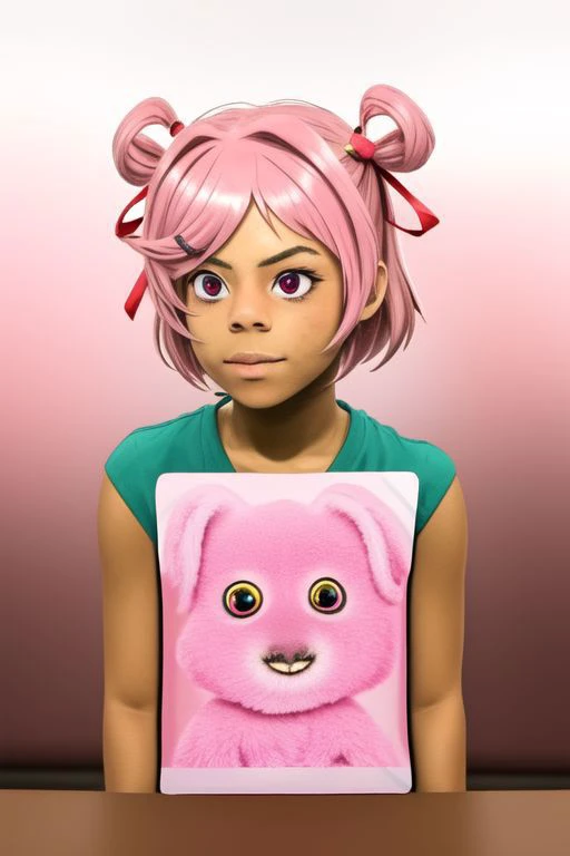 a girl with pink hair holding a pink teddy bear pillow