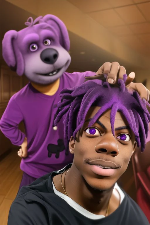 purple hair is on the boy's head