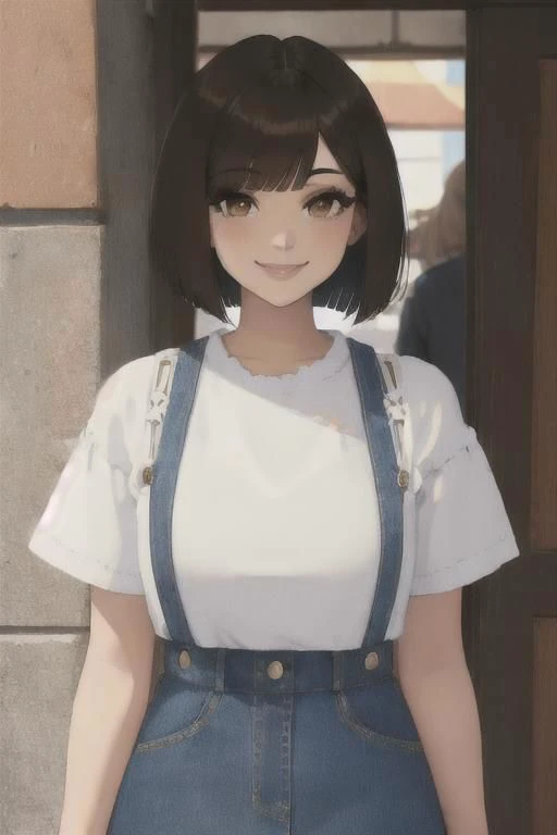 a close up of a person wearing overalls and a white shirt