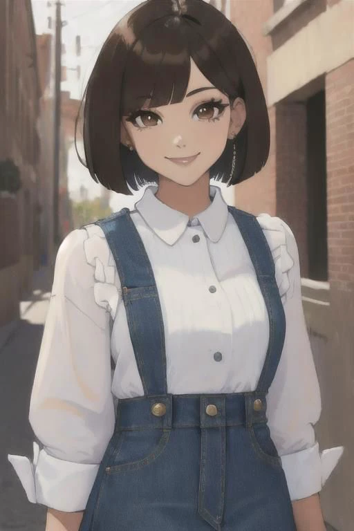 a woman in a white shirt and blue overalls standing in a narrow alley