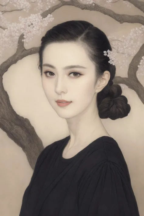 ((masterpiece:1.35)), (best quality), (highres),
gongbi_black, 1girl, solo, black hair, (single hair bun:0.7), portrait, looking at viewer, (flat color:1.5),  <lora:Fanbingbing_fbbV12:0.4> <lora:fanbb_v10:0.4> <lora:gongbi_black_v0.4:1>, flower, tree