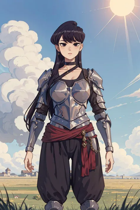 masterpiece, (Komi Shouko:1.2), 1girl, solo, (tall elegant girl:1.3),  medium breasts,  (fantasy knight clothes:1.4), (steel armored chest:1.2), (steel armored legs:1.1), baggy pants, (standing straight:1.2),  sky,  sun,clouds, grass field, (open shoulders...