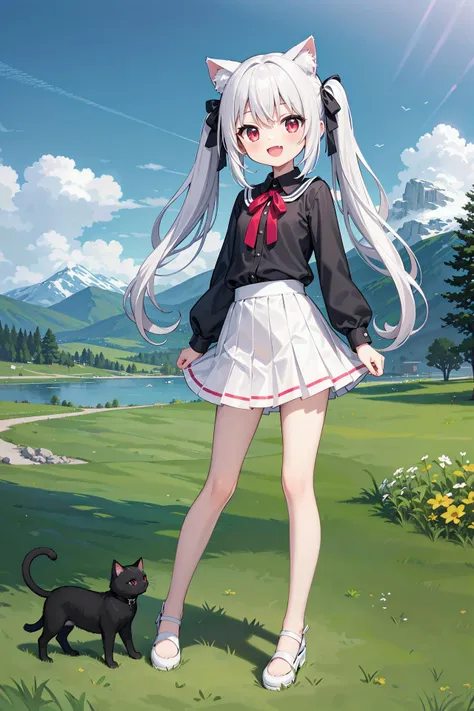 anime girl with long white hair and a black cat in a field