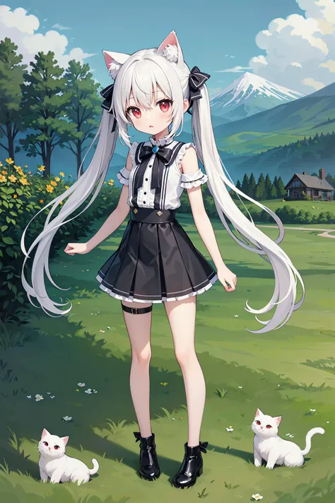 anime girl with long white hair and black skirt standing in a field with two cats