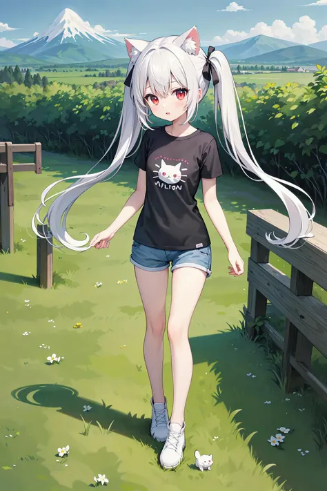 anime girl walking in a field with a cat t - shirt