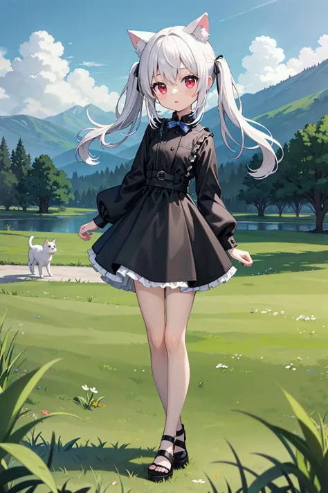 anime girl in a black dress with white hair and a cat ears