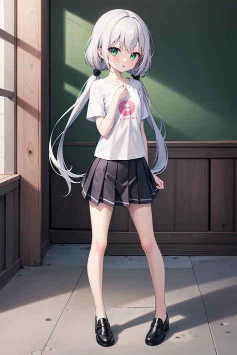 anime girl with long hair and green eyes standing in front of a door