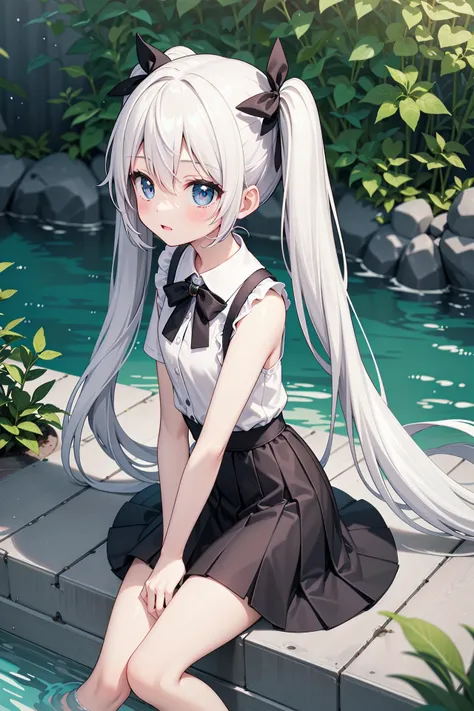 anime girl sitting on a ledge by a pool with a cat tail