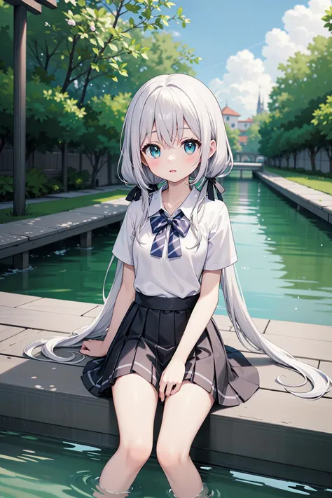 anime girl sitting on a ledge in a pond with a blue sky