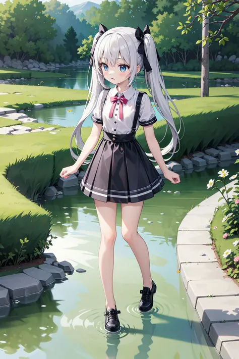 anime girl in a short skirt and a bow tie standing in a pond