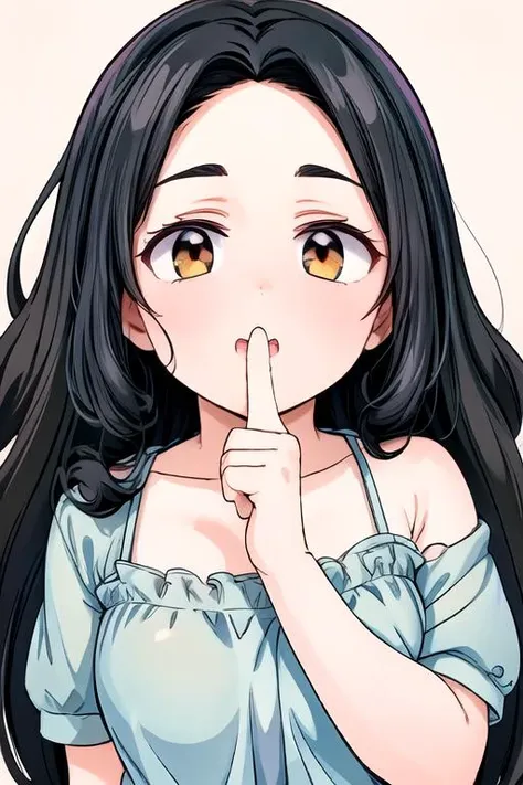 a woman with long black hair and yellow eyes is making a hush gesture