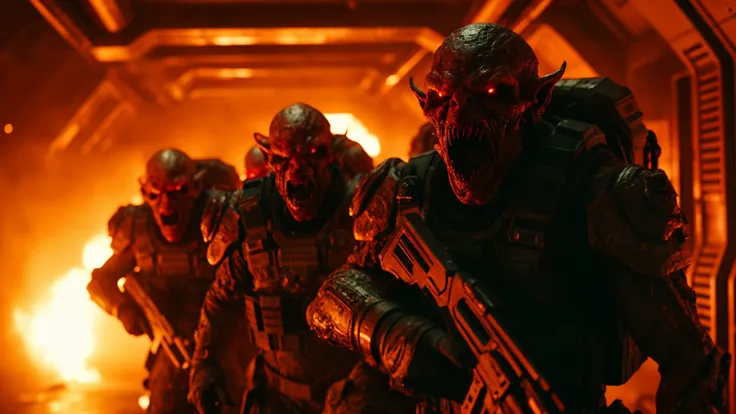 cinematic still medium shot of grotesque demonic soldiers from Doom attacking inside a dark space station, infected and fiery, 2021 Sci-fi, shot on Sony, high budget, epic, gorgeous, film grain