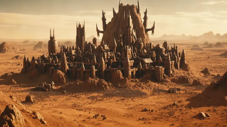 cinematic still close shot of an imposing orc fortress settlement from Warcraft with a huge population, primitive warchief orc architecture, harsh Mars desert environment, shot on Sony, high budget, epic, gorgeous, film grain