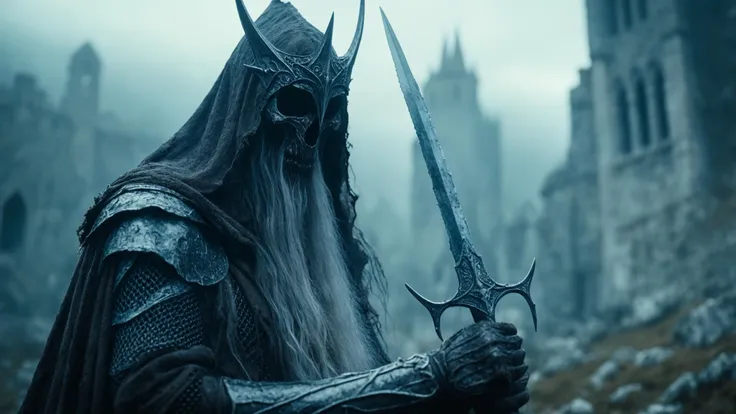 cinematic still medium shot of a translucent ghostly Witch King of Angmar from LOTR holding a blade, wearing demonic armour, ominous Byzantine ruin of Gondor, shot on Sony, high budget, epic, gorgeous, film grain