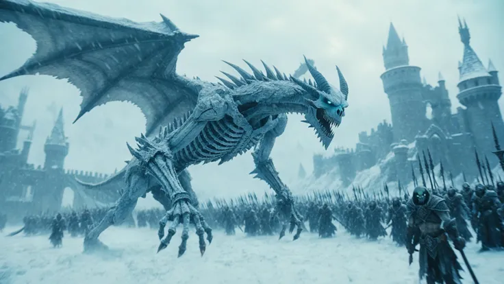 cinematic still far shot of an undead skeletal iced dragon from Warcraft flying over a citadel, leading an army of undead in snowstorm, shot on Sony, high budget, epic, gorgeous, film grain