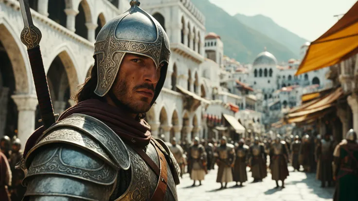 cinematic still close shot of a sword soldier in armour at a busy marketplace, towering neo-Byzantine imperial white walled city of Gondor from LOTR with a huge population, colorful marbled Venetian architecture, peaceful lush environment, shot on Sony, hi...