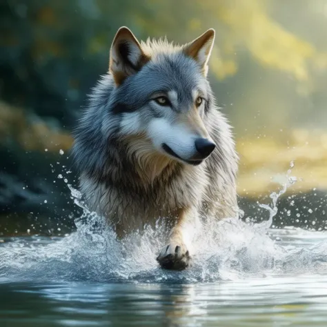 photorealistic, a wolf playing in water