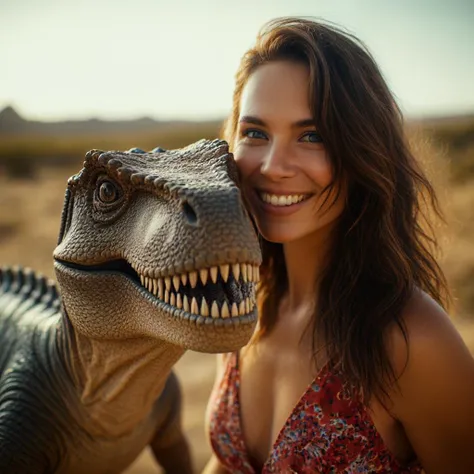 cinematic film still A hyper - realistic GoPro selfie of a smiling glamorous Influencer with a ((t-rex Dinosaurus )) . Extreme environment <lora:add-detail-xl:1> . shallow depth of field, vignette, highly detailed, high budget, bokeh, cinemascope, moody, e...