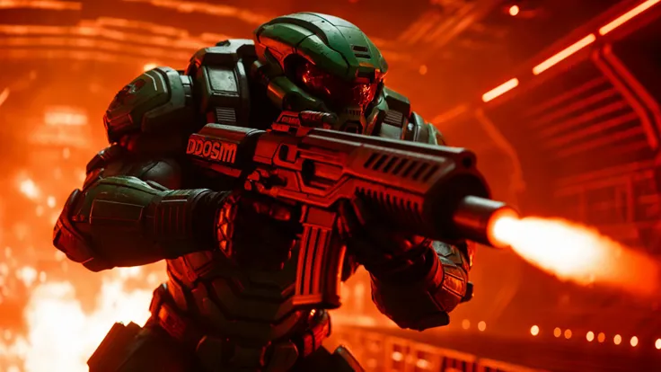 cinematic still medium shot of a fierce Doomguy from Doom shooting across a space arena, badass and bloody, 2021 Sci-fi, shot on Sony, high budget, epic, gorgeous, film grain