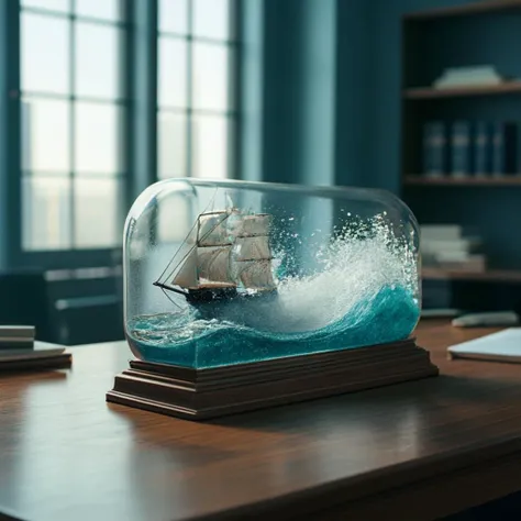 A ship in a bottle with waves splashing around it lying on the table in an office room, cinematic photo