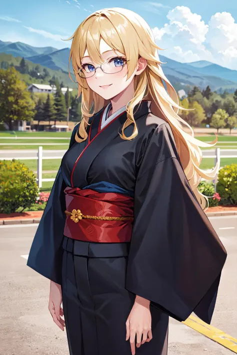 masterpiece, best quality, highres, sa1, blonde hair, glasses, kimono, <lora:shaga_ayame_v1:0.6>, outdoors, cowboy shot, smile