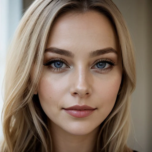 a close up of a woman with long blonde hair and blue eyes