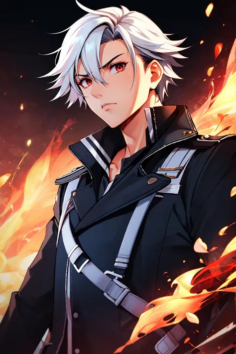 a man with white hair and black jacket standing in front of fire