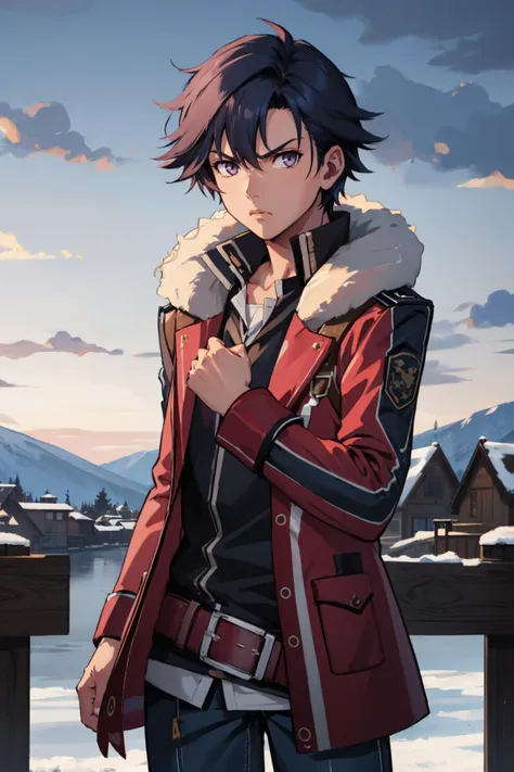 a man in a red jacket standing on a bridge with a snowy mountain in the background