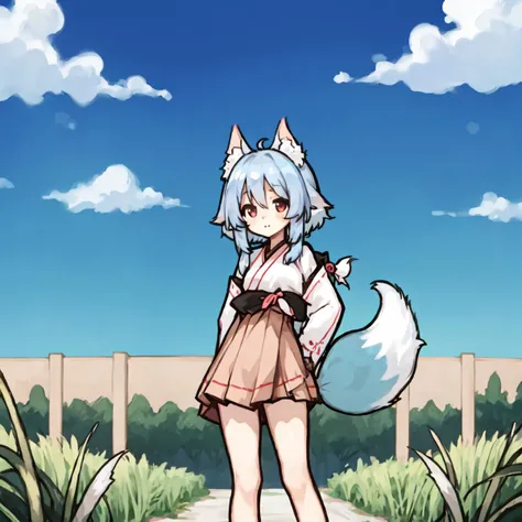 kurin_face, kurin_body, kurin_hairstyle, kurin_ears, kurin_tail, 3 tails, 1girl, solo, standing, outdoors, <lora:kurinv1.5-000002:1>