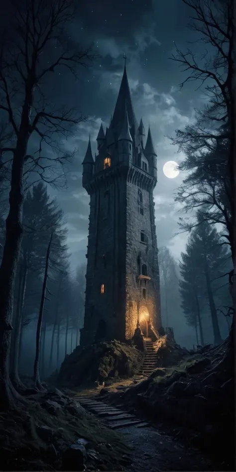 (cinematic 8k photo:1.1),
(photography:1.1),ethereal (fantastical:1.1) landscape,
medieval,tower in forest at night,
<lora:Dark Fantasy:1> dark fantasy