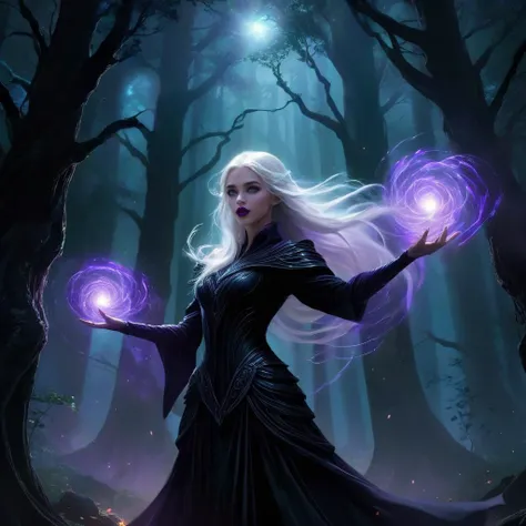 A female elven warlock stands in an ancient forest her arms outstretched as she strains to control the magic she has summoned, a swirling vortex of bright amethyst light. (long white hair), (bare midriff),
The air is thick with anticipation, the world ...