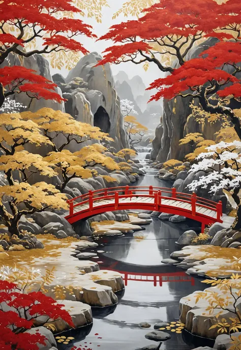 cave art,gorgeous japan garden landscape ,red bridge,gold foil,highly detailed and whimsical,gold and white,hyperrealistic,  <lo...