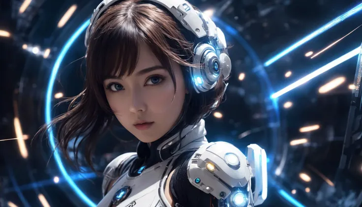 a woman in a futuristic suit with headphones on