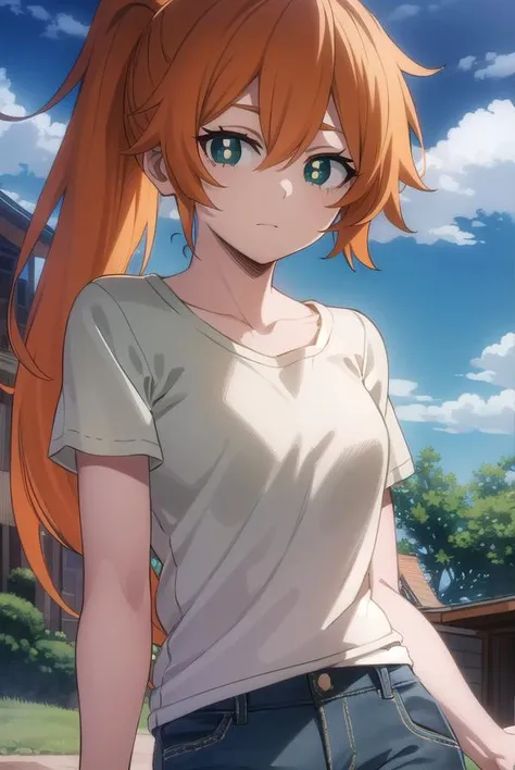 itsukakendo, <lora:itsuka kendo s5-lora-nochekaiser:1>,
itsuka kendo, long hair, (green eyes:1.3), ponytail, orange hair,
BREAK shirt, shorts, t-shirt,
BREAK outdoors, forest, nature, trees, sun, sky, clouds,
BREAK looking at viewer, (cowboy shot:1.5),
BRE...