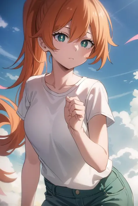 itsukakendo, <lora:itsuka kendo s5-lora-nochekaiser:1>,
itsuka kendo, long hair, (green eyes:1.3), ponytail, orange hair,
BREAK shirt, shorts, t-shirt,
BREAK outdoors, forest, nature, trees, sun, sky, clouds,
BREAK looking at viewer, (cowboy shot:1.5),
BRE...