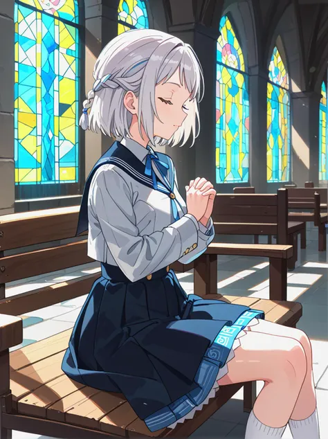 anime girl sitting on a bench in a church with stained windows