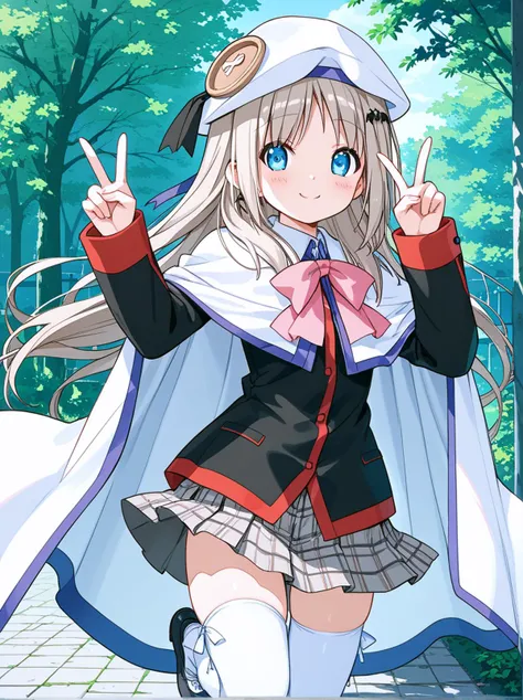 score_9, score_8_up, score_7_up, BREAK source_anime, best quality, masterpiece, uncensored,  rating_explicit,
1girl, noumi kudryavka black and red uniform with pink bow, pleated grey plaid skirt, white stockings, white kud cape, white kud beret,
smile,doub...