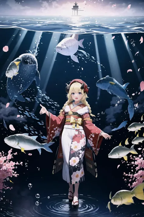 anime girl in a kimono outfit standing in the water surrounded by fish