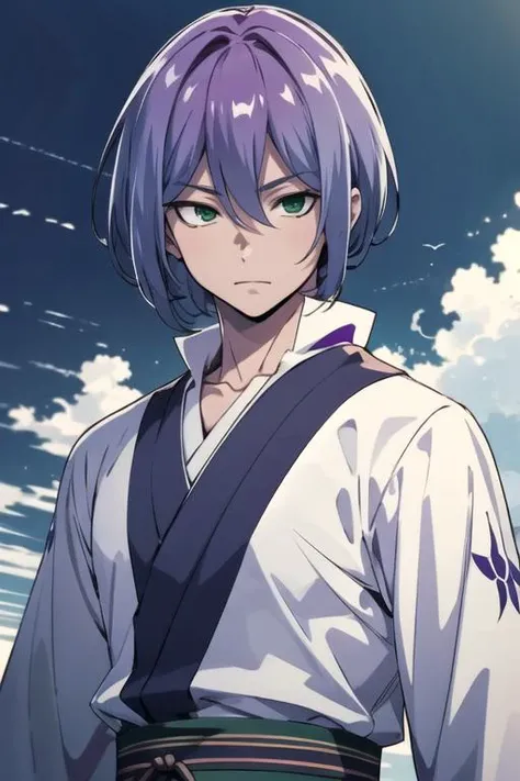 masterpiece, best quality, wallpaper, 1boy, solo, male focus, looking at viewer, upper body, , anime coloring, , <lora:clen_kaminaki_sekai:0.66>, clen_kaminaki_sekai, purple hair, green eyes, japanese costume, , Blu-ray