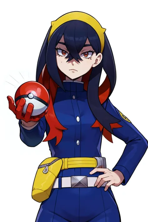 a woman in a blue outfit holding a red ball