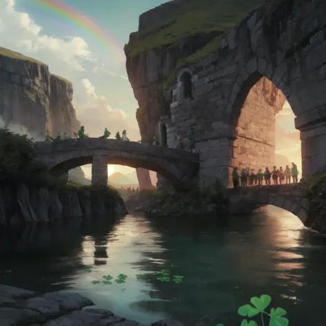 a close up of a bridge over a river with a rainbow in the sky