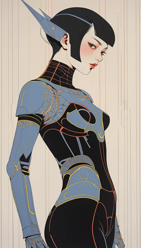 1  Diagram demon woman, armor, looking back, future, abstract  art by Toshio Saeki