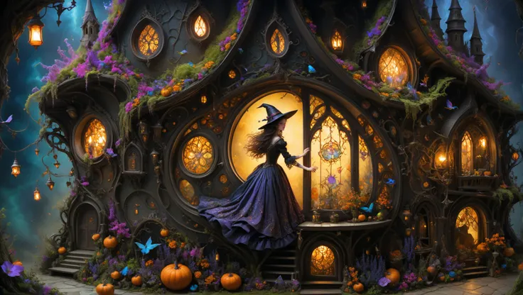 Generate a vivid description of a young witch woman dancing with peaceful reverie  within her whimsical home. As she twirls and weaves intricate spells adding a touch of whimsy in the most mesmerizing fashion. The scene is steeped in a sense of fantasy and...