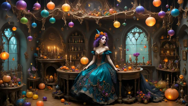 Generate a vivid description of a young witch woman dancing with exuberant merriment  within her whimsical home. As she twirls and weaves intricate spells adding a touch of whimsy in the most mesmerizing fashion. The scene is steeped in a sense of fantasy ...