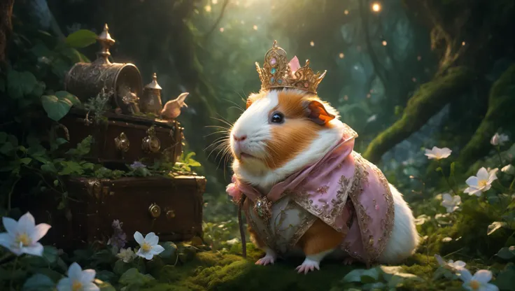 Visualize a cute animal, a delightful guinea pig  adorably dressed as a fantasy character. This little adventurer embarks on a journey through a fantastical world, filled with wonder and enchantment.
The cute animal is adorned in a elegant princess gown .
...