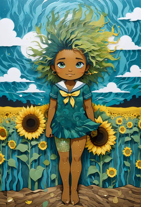 Craft a highly detailed (full body portrait), capturing the essence of a character
Woodcut Print .
Optical Art .
Sailor .
Pudgy .
Uralic.
Blissful Radiance .
Doing a Handstand .
Sunflower Field .
Stormy and Windy .
Glitter Overlay .
Hair Style: Afro.
Hair ...