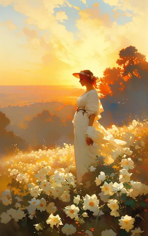 <lora:MJ52:0.5>, The image features a beautiful field of flowers with a large group of white flowers scattered throughout the scene. The flowers are in full bloom, creating a vibrant and colorful landscape. The sun is shining brightly in the sky, casting a...